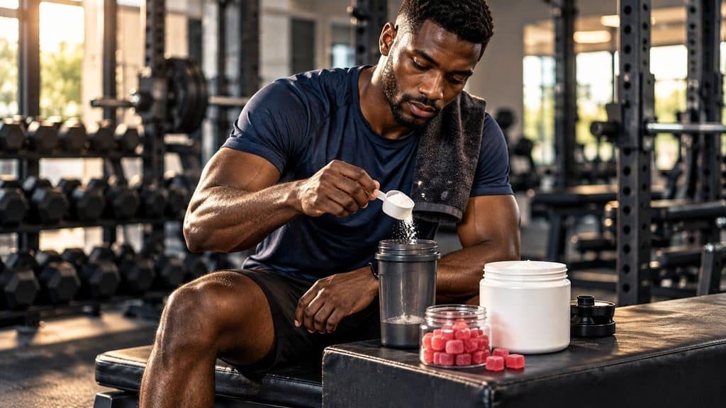 Athlete preparing a creatine drink in a gym with gummies and powder nearby