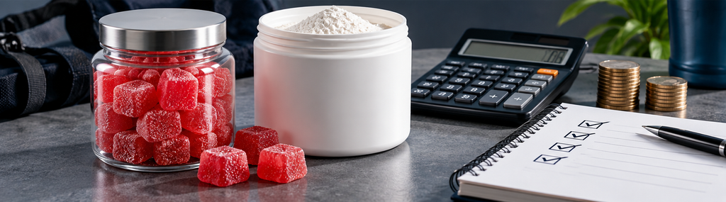Creatine gummies and powder with calculator and coins for cost comparison