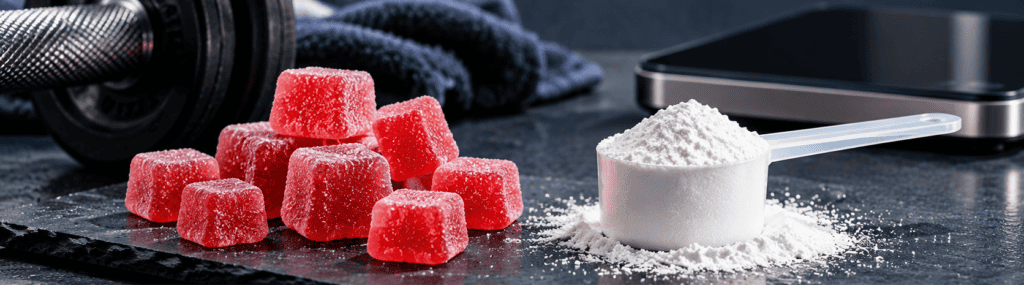 Creatine gummies beside a scoop of creatine powder