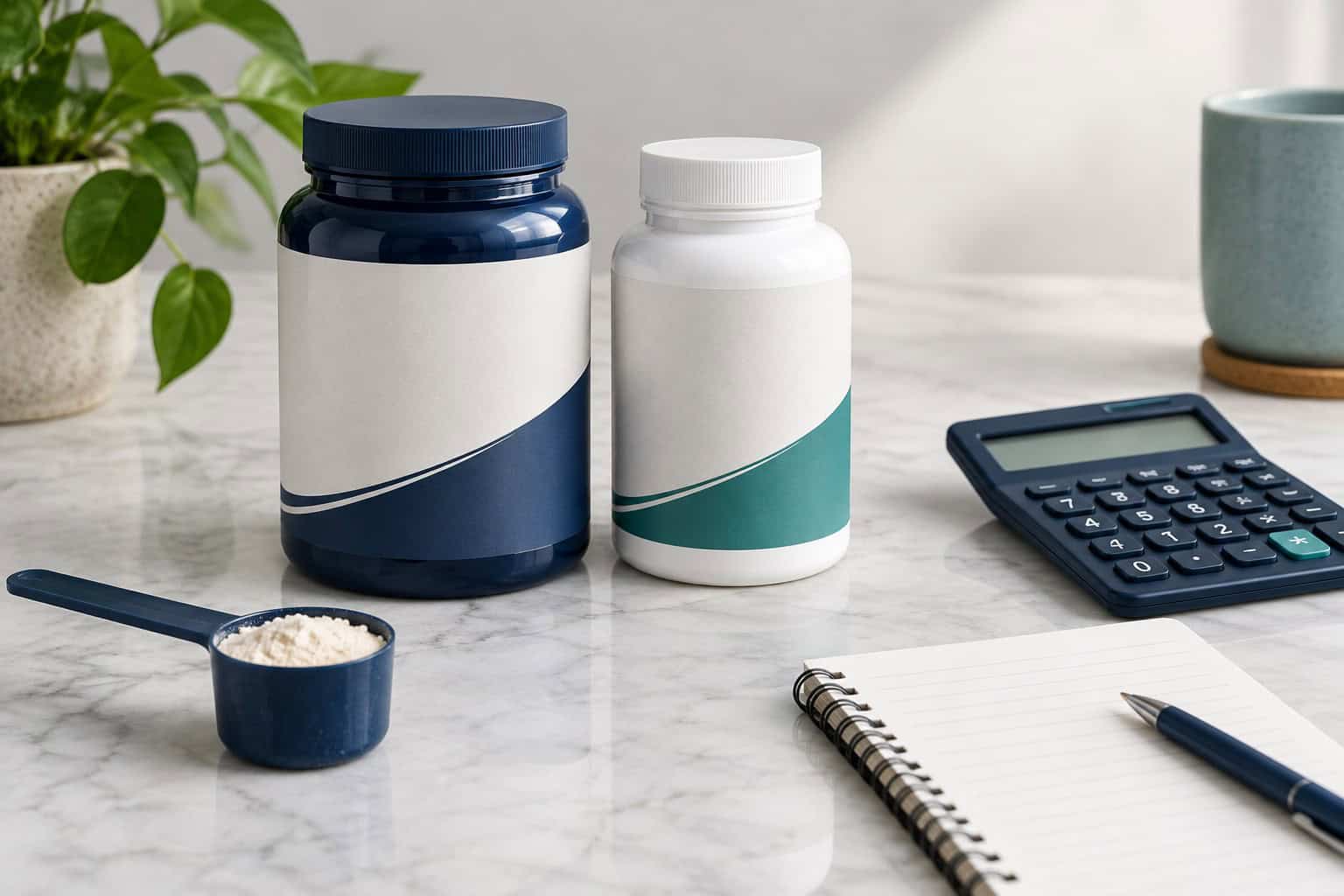 Two generic supplement bottles and a calculator illustrating dose and cost comparisons