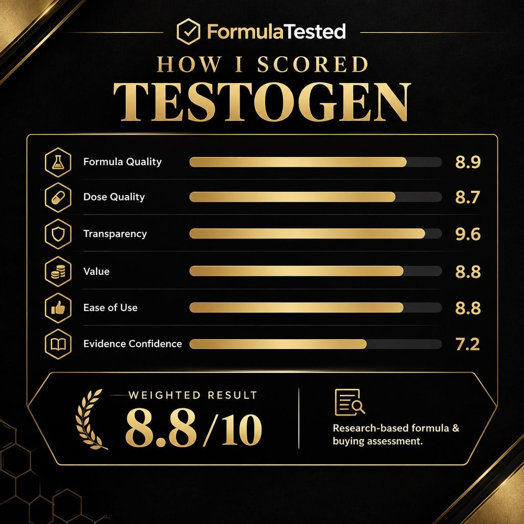FormulaTested Testogen scoring breakdown infographic