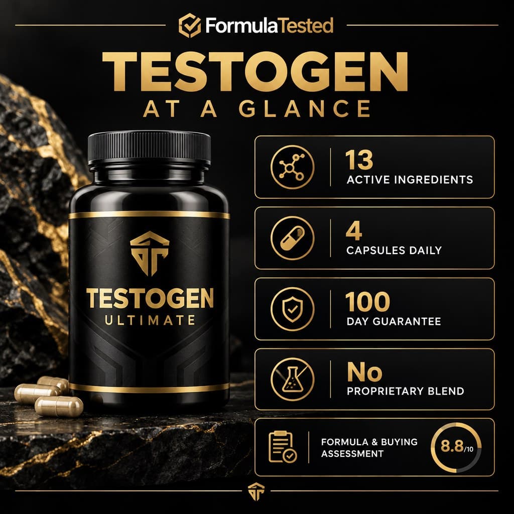 Testogen at a glance infographic showing formula and buying facts