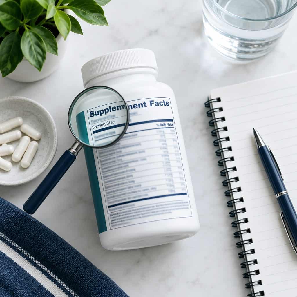 Magnifying glass examining the serving-size section of a generic supplement facts label